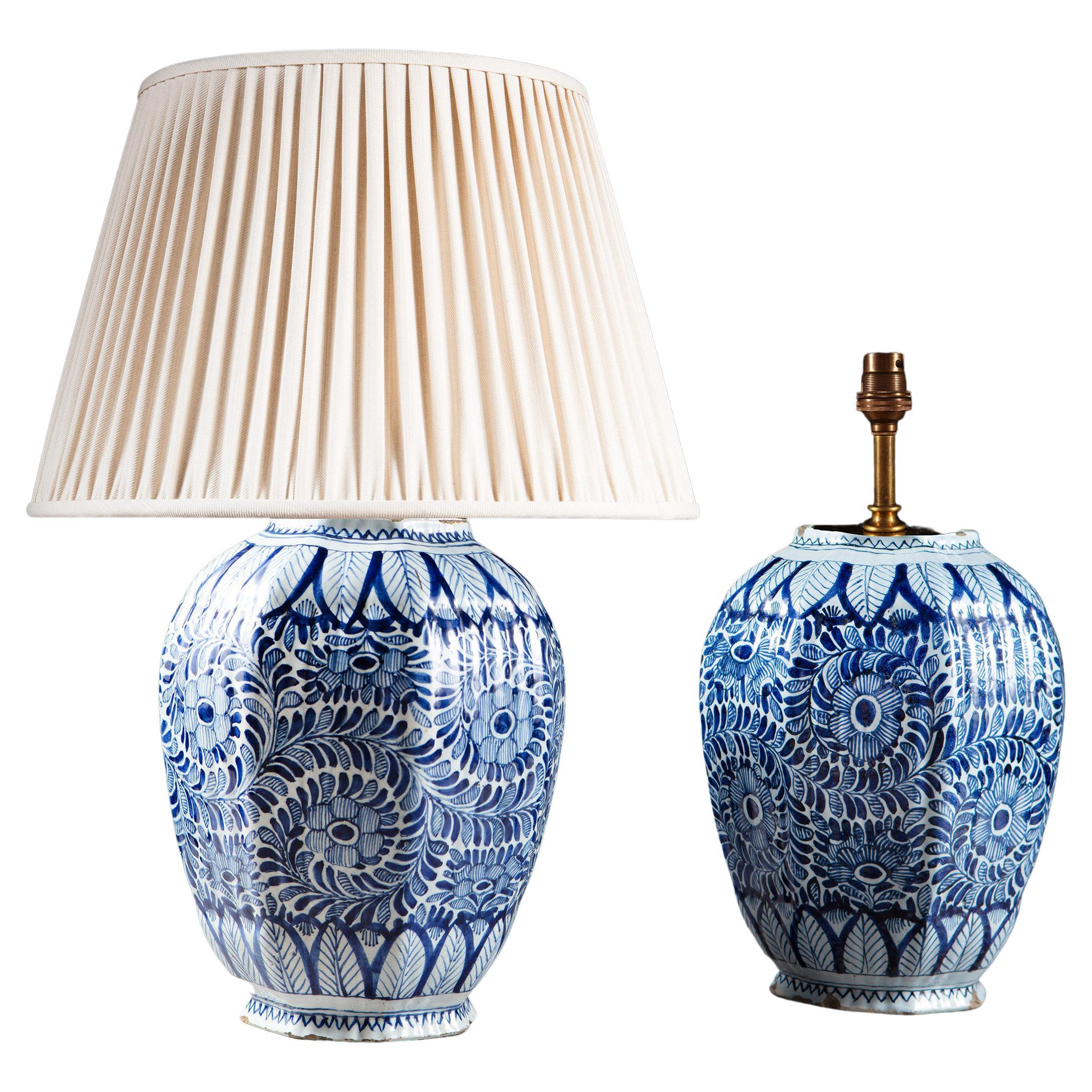 Pair of 19th Century Blue and White Delft Vases Mounted as Lamps