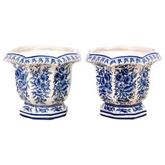 Pair of 19th Century Blue and White Floral Glazed Jardinières