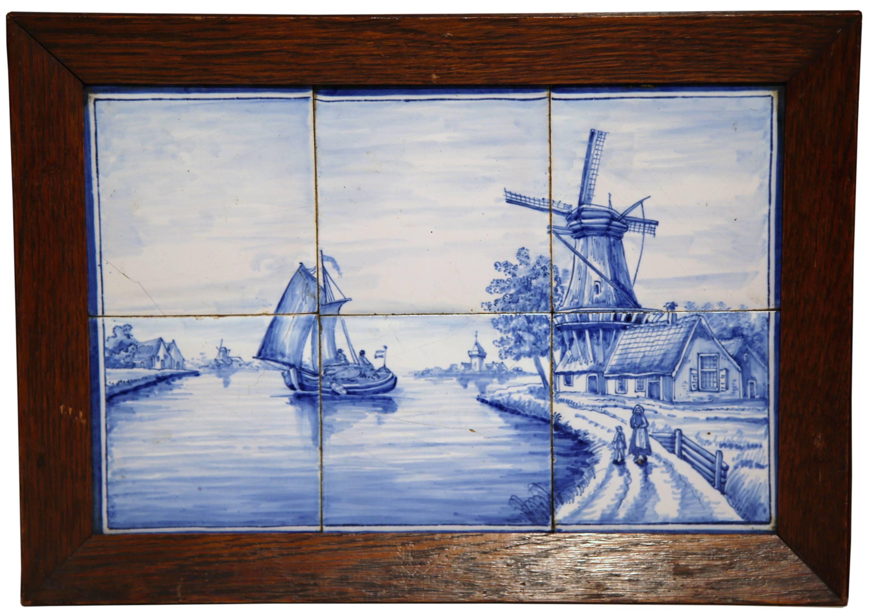 Pair of 19th Century Blue and White Painted Faience Delft Tiles in Oak Frames In Excellent Condition In Dallas, TX
