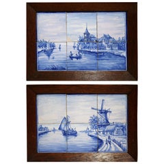 Pair of 19th Century Blue and White Painted Faience Delft Tiles in Oak Frames