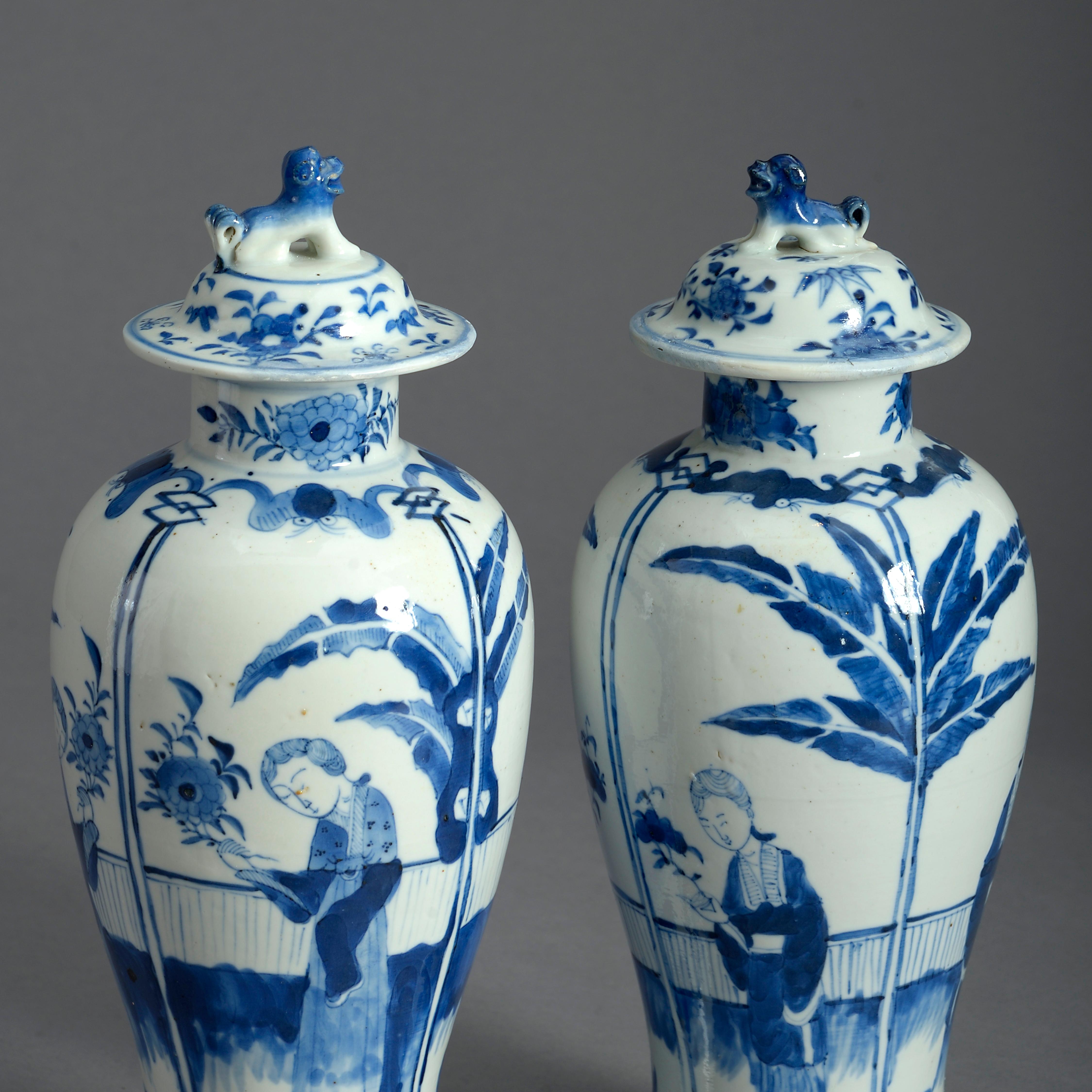 Chinese Export Pair of 19th Century Blue and White Porcelain Vases and Covers in the Kangxi Tas