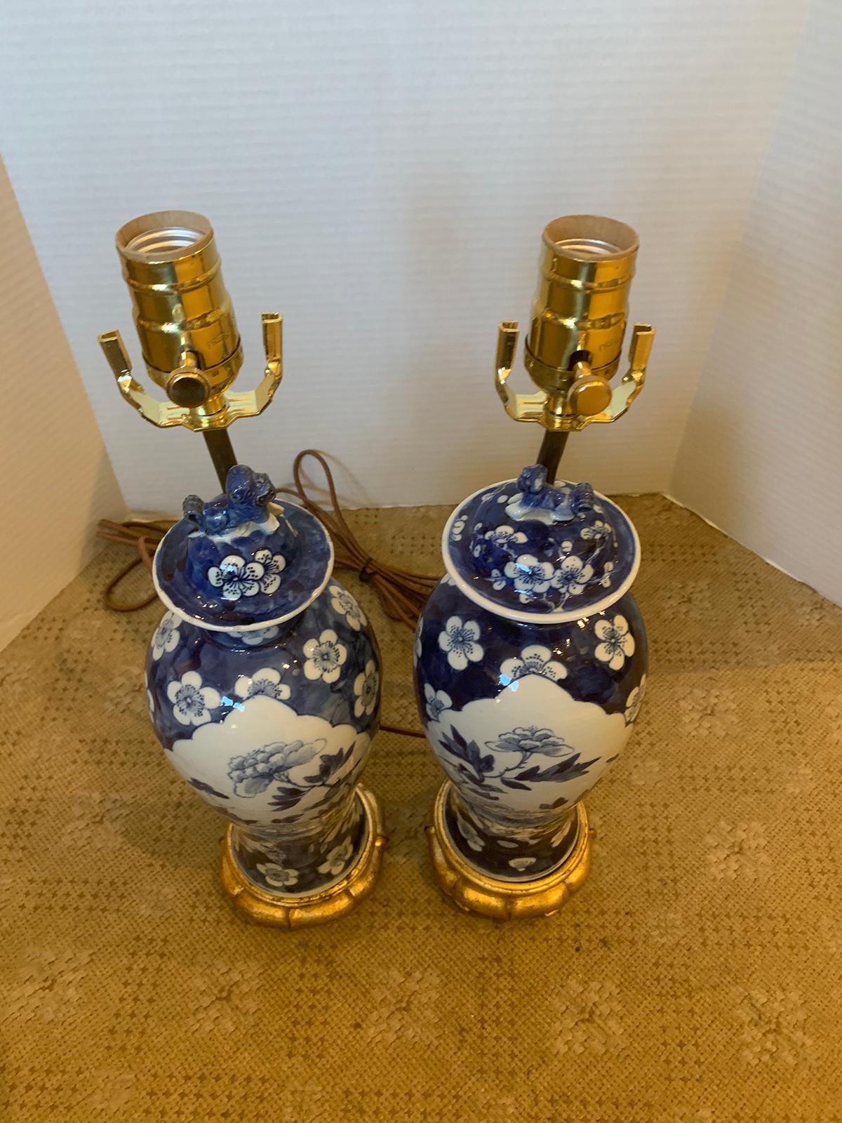 Pair of 19th Century Blue and White Porcelain Vases as Lamps on Custom Bases 7