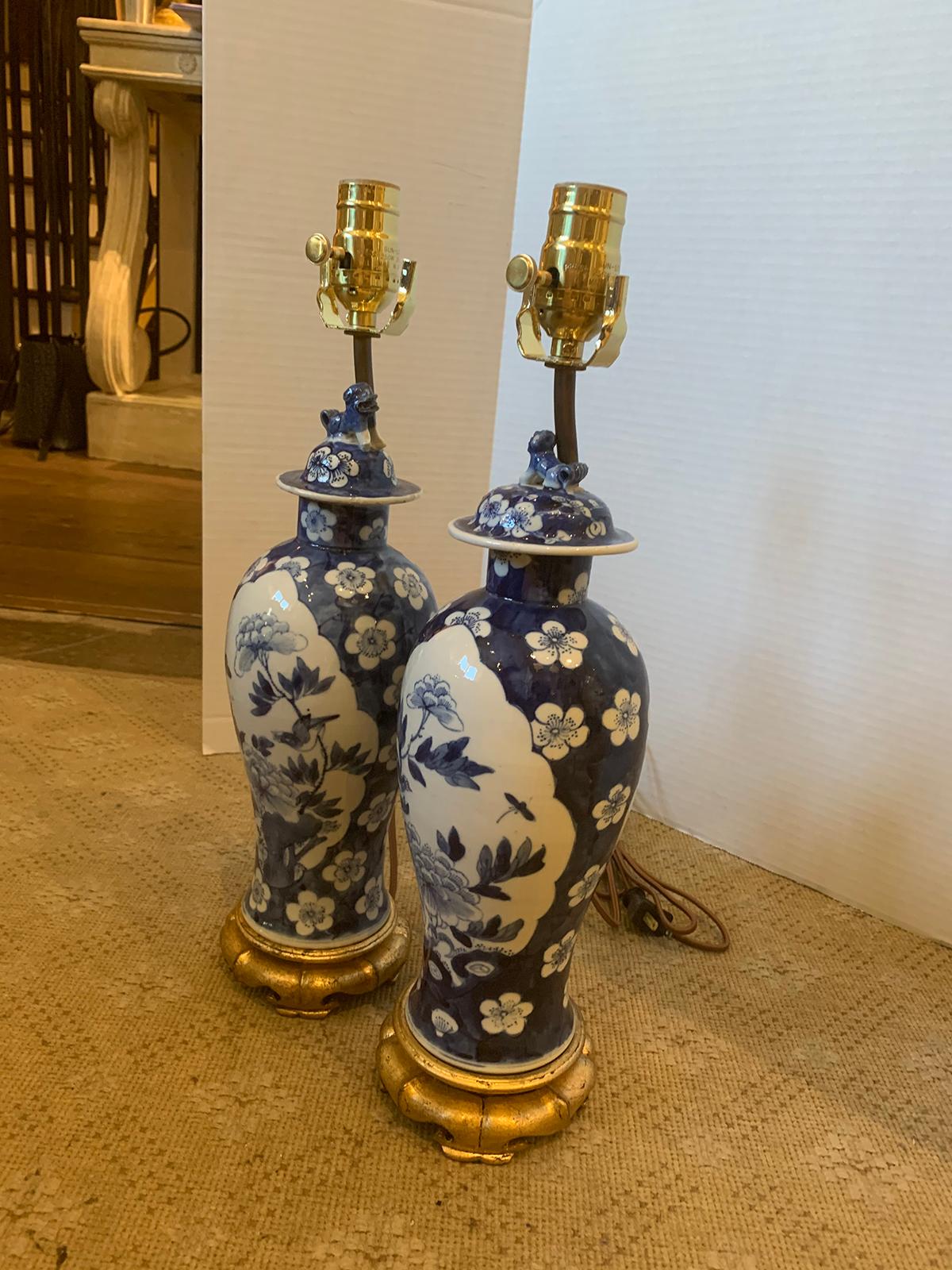 Pair of 19th Century Blue and White Porcelain Vases as Lamps on Custom Bases 8