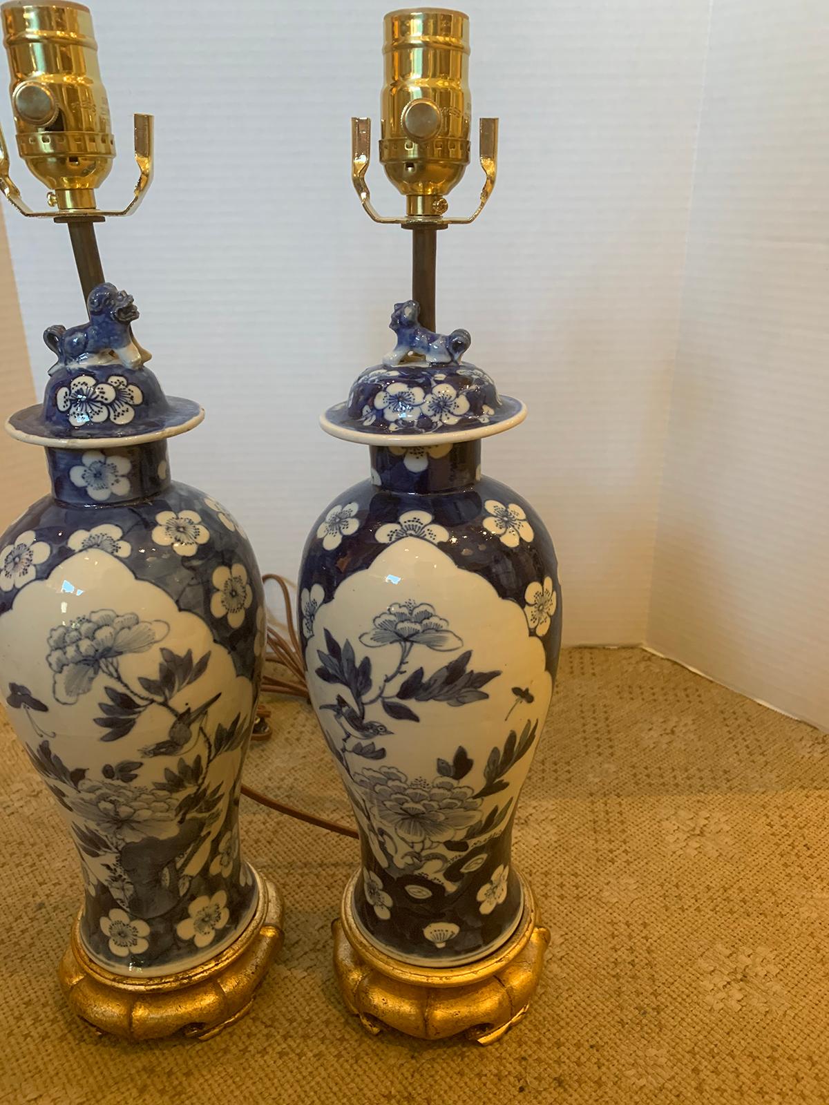 Pair of 19th Century Blue and White Porcelain Vases as Lamps on Custom Bases 9