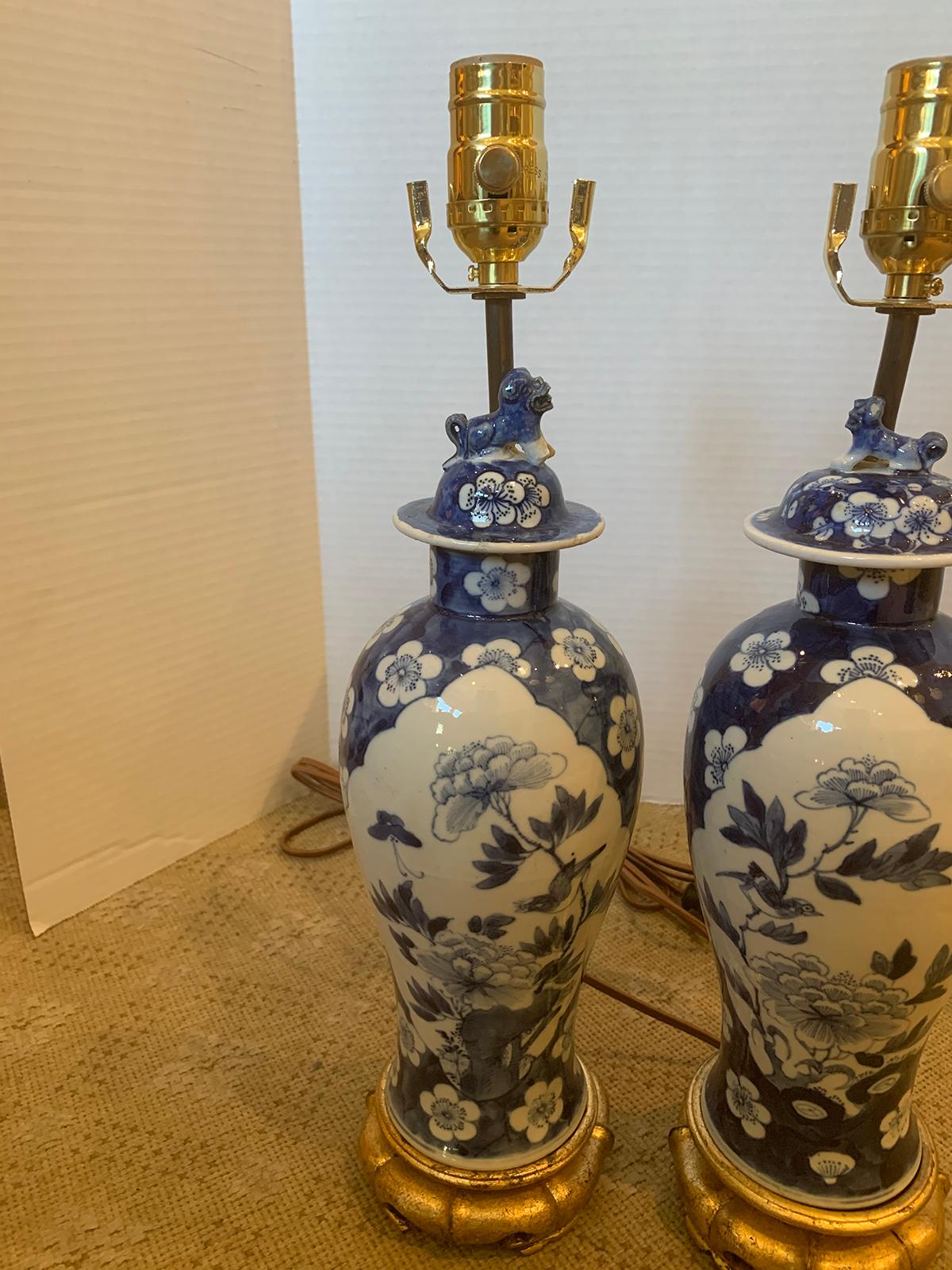 Pair of 19th Century Blue and White Porcelain Vases as Lamps on Custom Bases 10