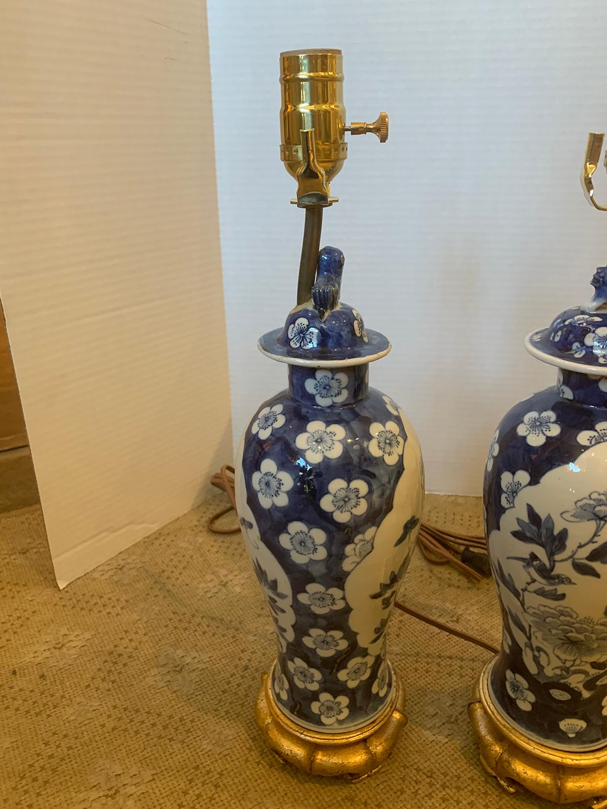 Pair of 19th Century Blue and White Porcelain Vases as Lamps on Custom Bases 11