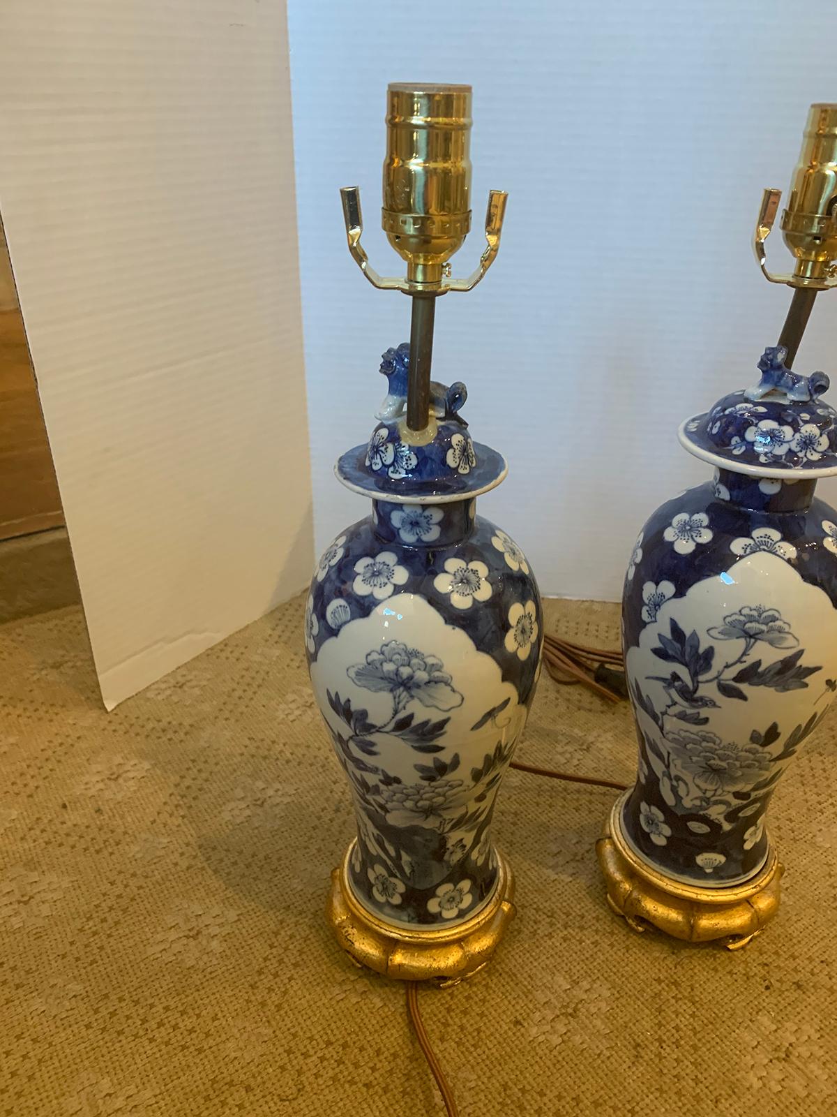 Pair of 19th Century Blue and White Porcelain Vases as Lamps on Custom Bases 12