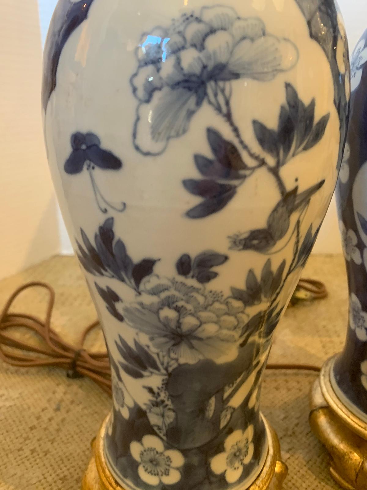Pair of 19th Century Blue and White Porcelain Vases as Lamps on Custom Bases In Good Condition In Atlanta, GA