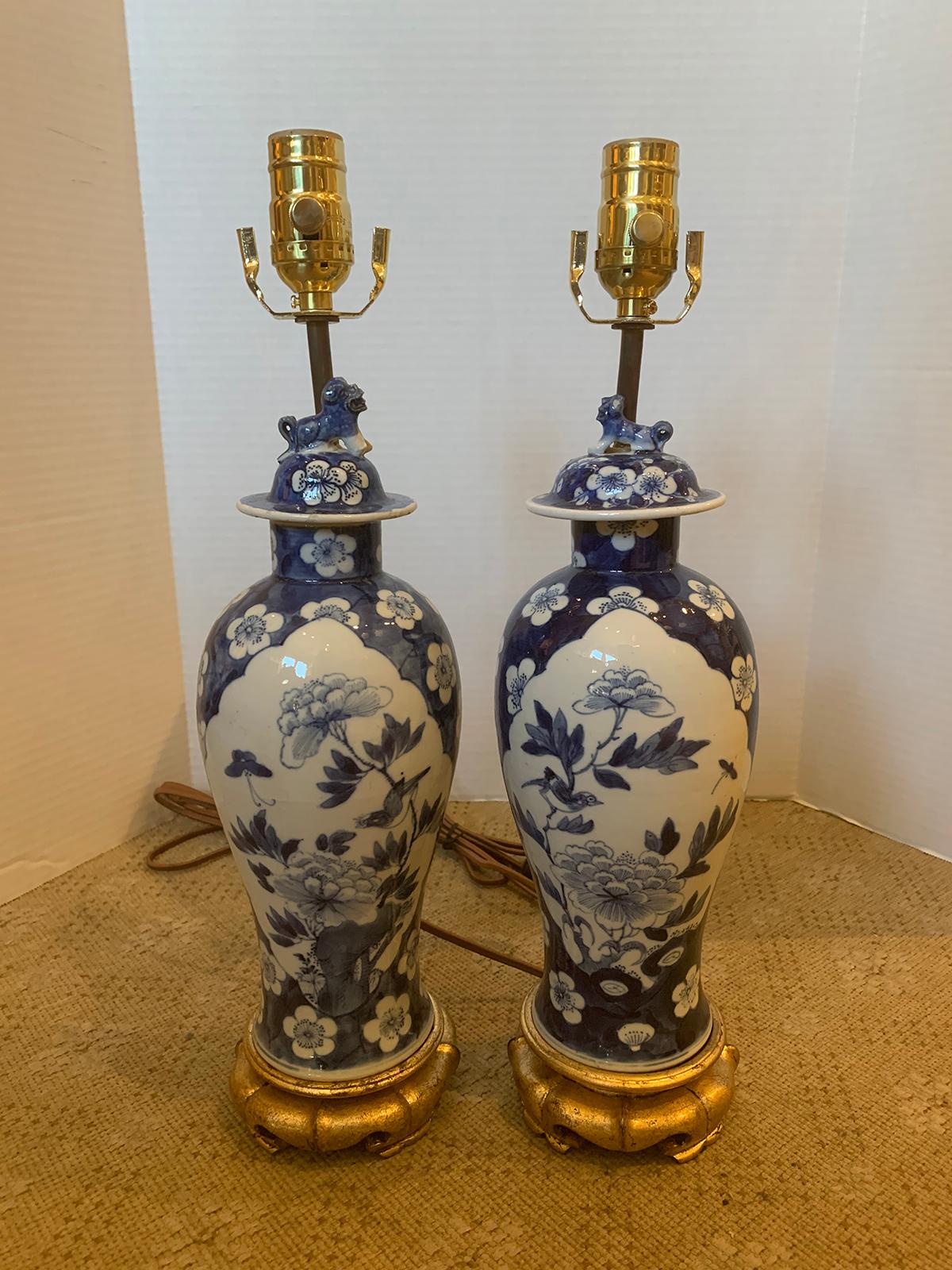 Pair of 19th Century Blue and White Porcelain Vases as Lamps on Custom Bases 6