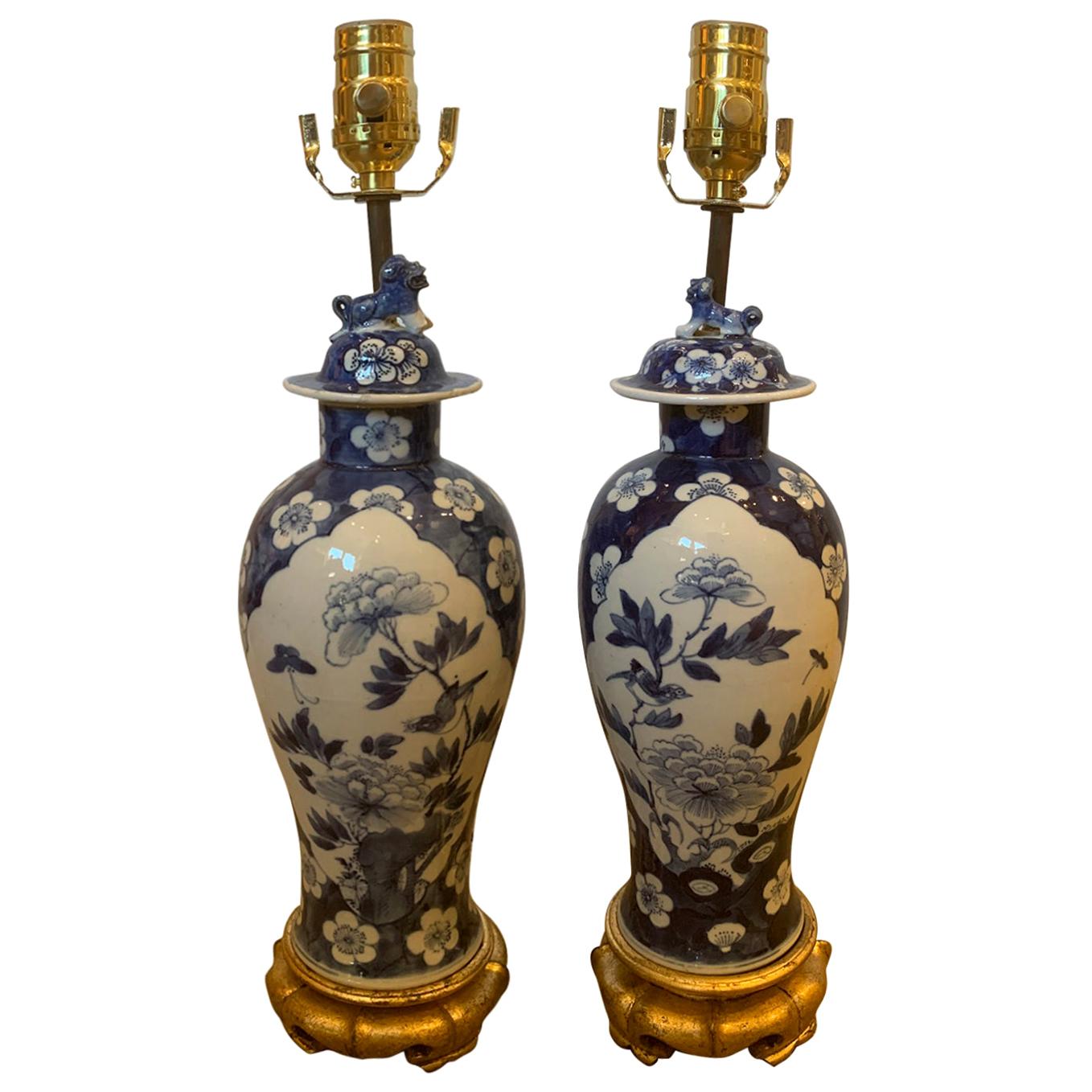 Pair of 19th Century Blue and White Porcelain Vases as Lamps on Custom Bases