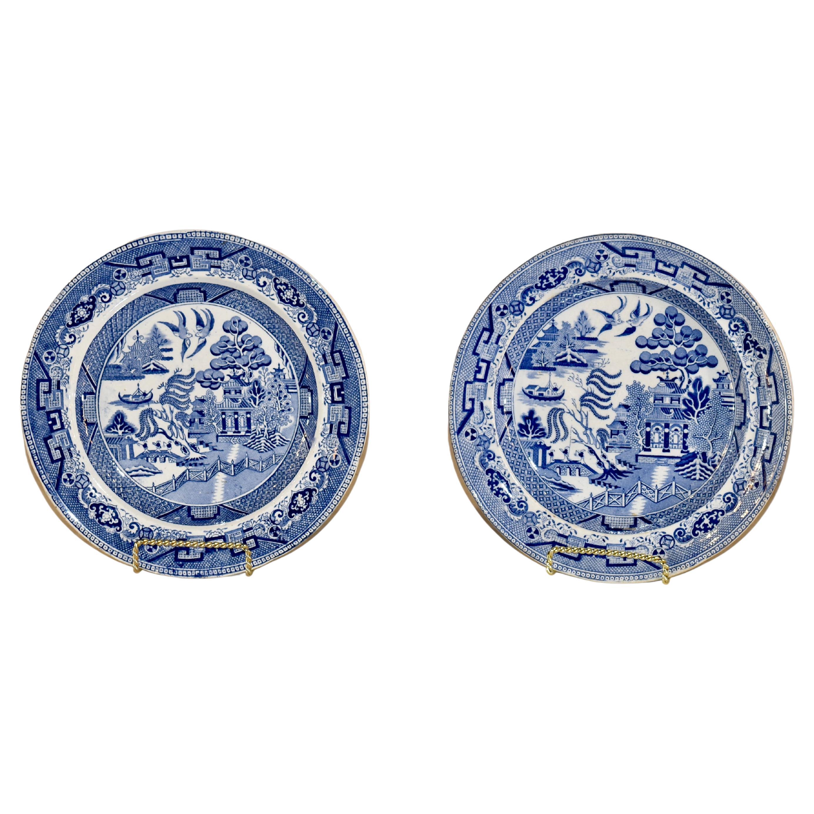 Pareja de platos de loza de transferencia del siglo XIX procedentes de la región inglesa de Staffordshire.  Los platos son del coleccionable diseño Sauce Azul.  Son unas preciosas planchas de transferencia colocadas a mano.  El azul es un