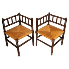 Pair of 19th Century Bobbin-Turned Wood Corner Chairs with Rush Seats