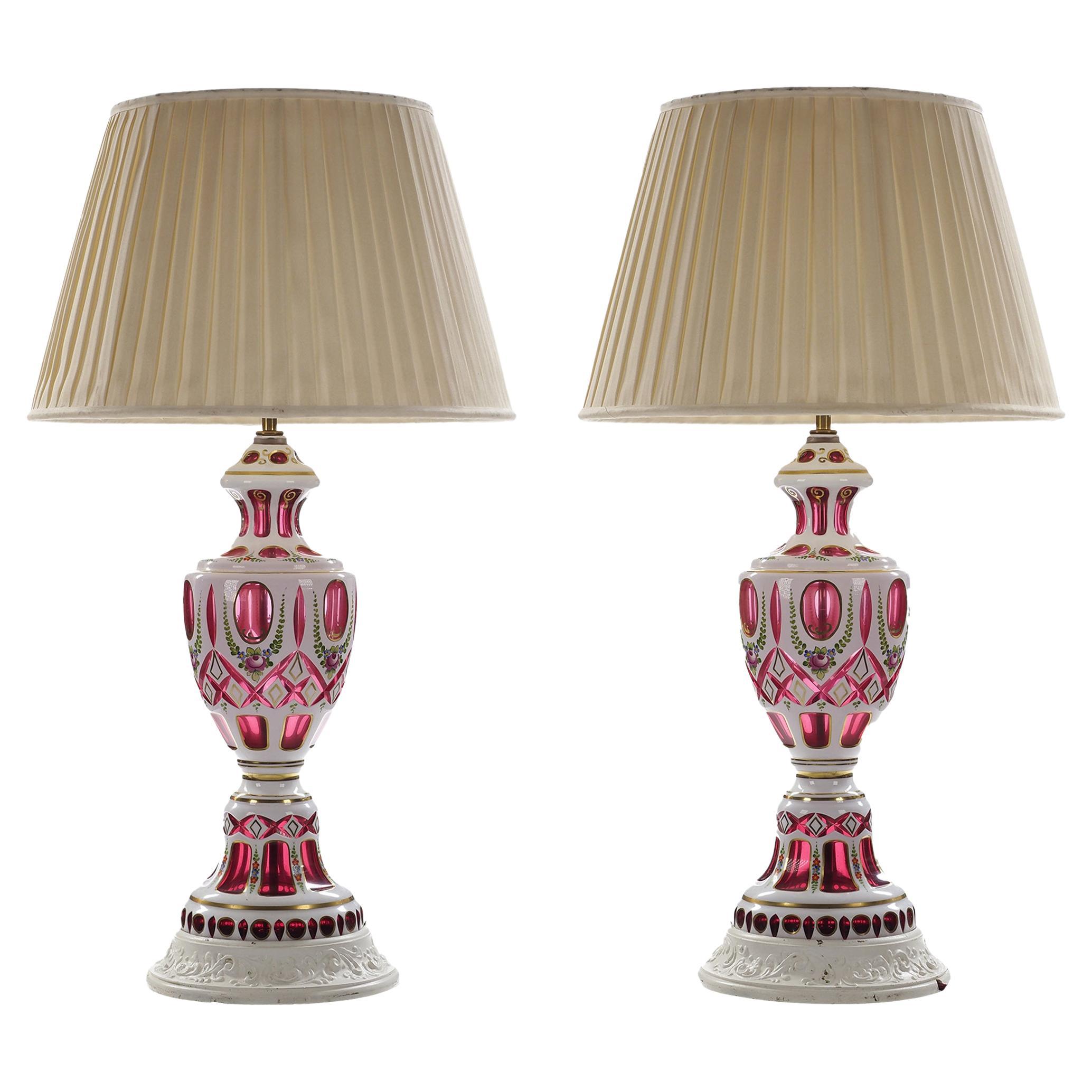 Pair of 19th Century Bohemian Crystal Red Cranberry Glass Lamps For Sale