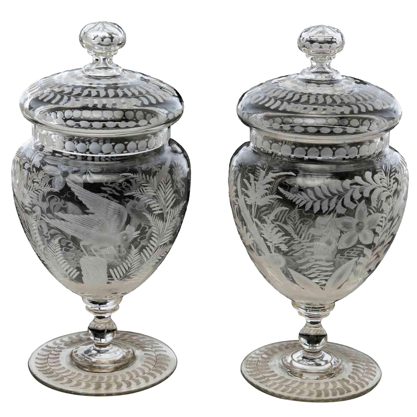 Pair of 19th Century Bohemian Crystal Vases with Cover Antique Austrian Jars