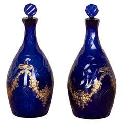 Pair of 19th Century Bohemian Georgian Style Blue Glass Decanters