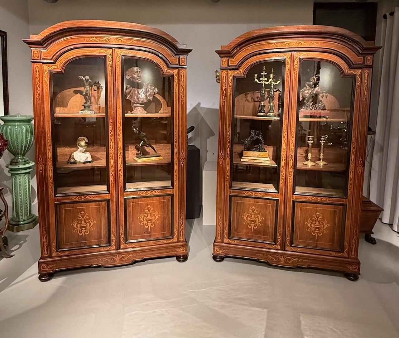 An exceptional pair of Charles X style rosewood bookcases, in veneered wood and marquetry, with two glazed doors,
France c. 1850s

Dimensions:

H234 x W136 x D44 cm.
H92.13 x W53.54 x D17.32 inch.
