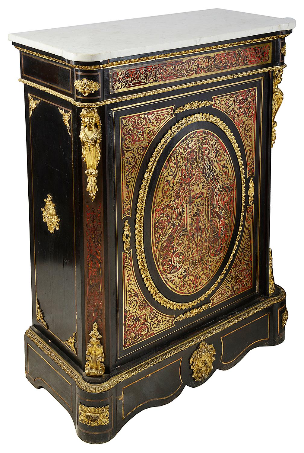 A good quality pair of 19th century French boulle inlaid pier cabinets, each with their original marble tops, gilded ormolu mounts. The central concave panels to the doors that open to reveal a shelf within, raised on a shaped plinth base.