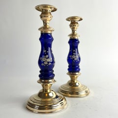 Pair of 19th Century Brass and Cobalt Blue Glass Candlesticks
