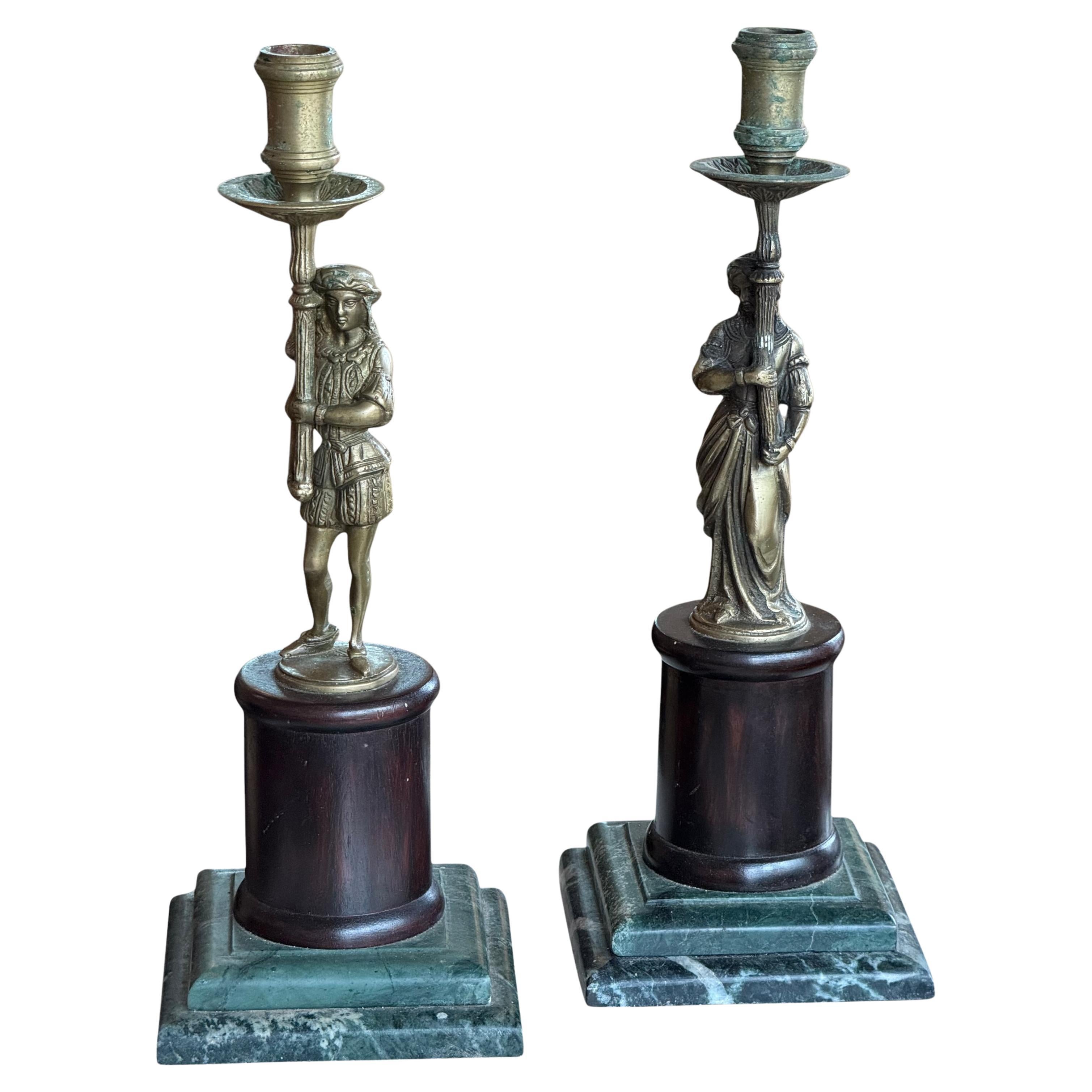 Pair of 19th Century Brass Candlesticks on Marble Bases