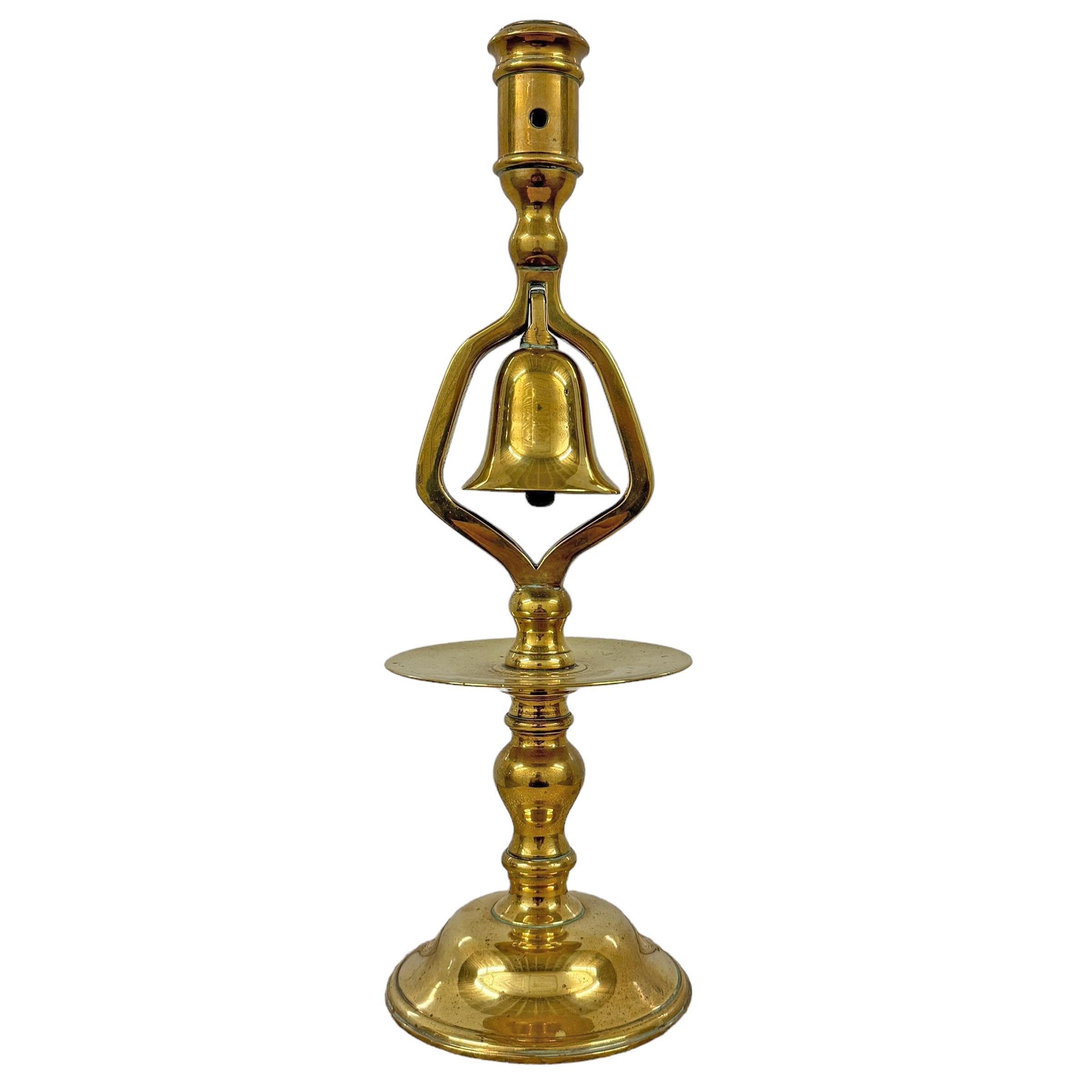 English Pair of 19th Century Brass Candlesticks with Bells For Sale
