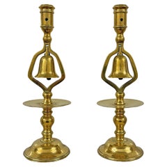 Antique Pair of 19th Century Brass Candlesticks with Bells