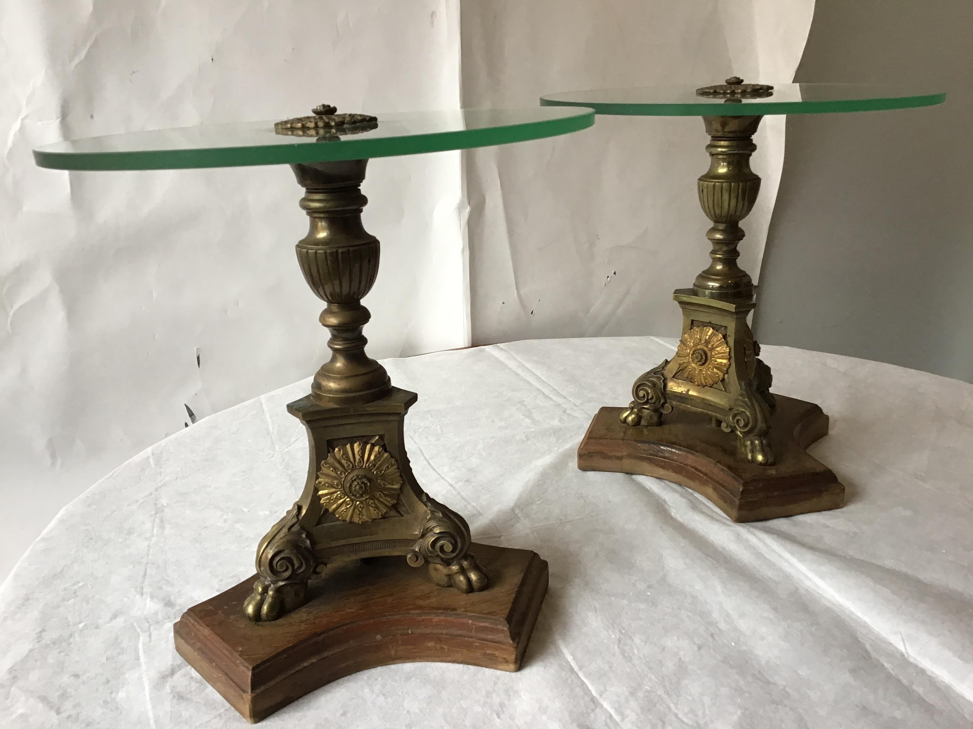 Pair of 19th Century Brass Church Candlestick Side Tables with Glass Tops In Good Condition In Tarrytown, NY