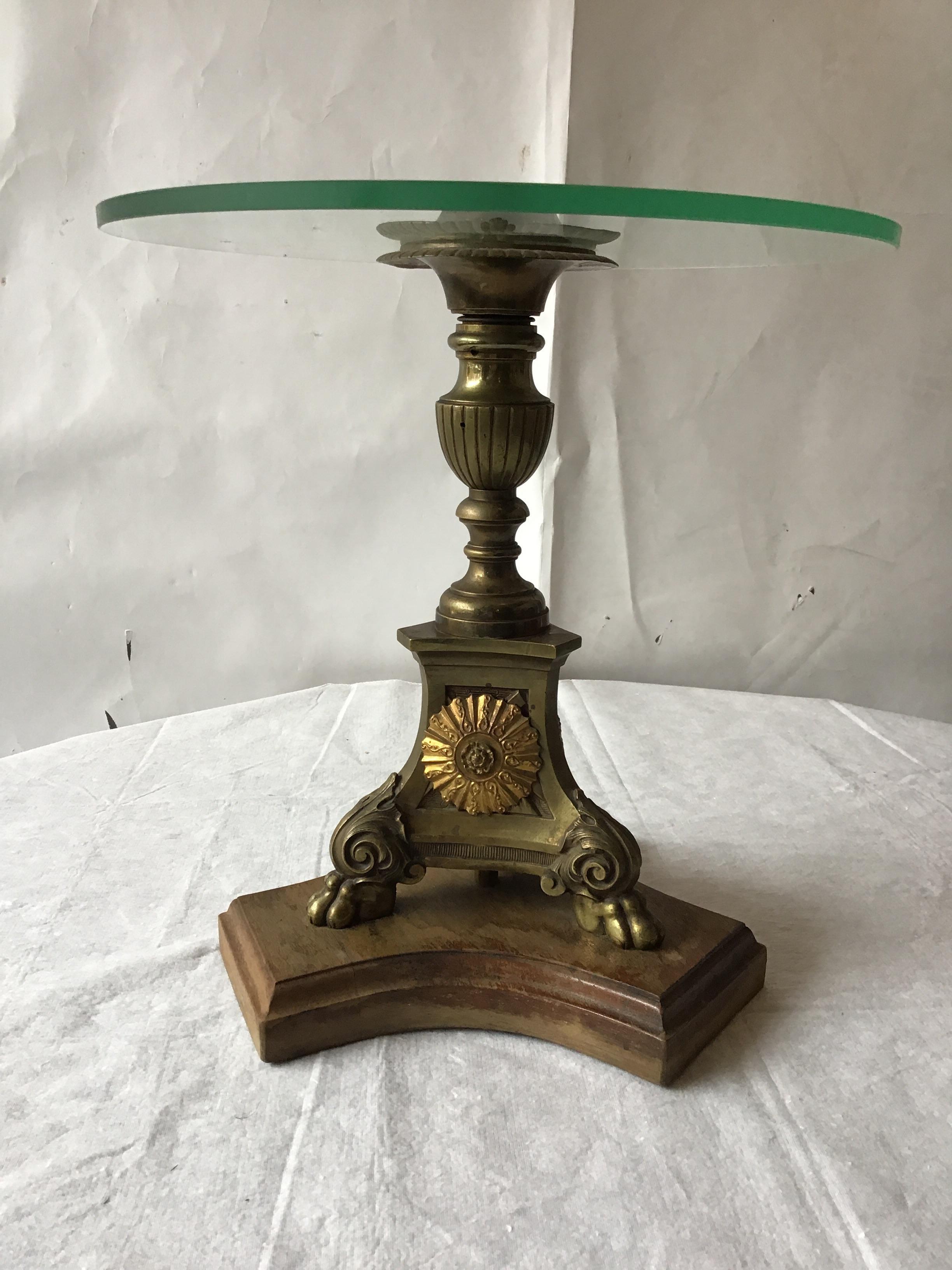 Late 19th Century Pair of 19th Century Brass Church Candlestick Side Tables with Glass Tops