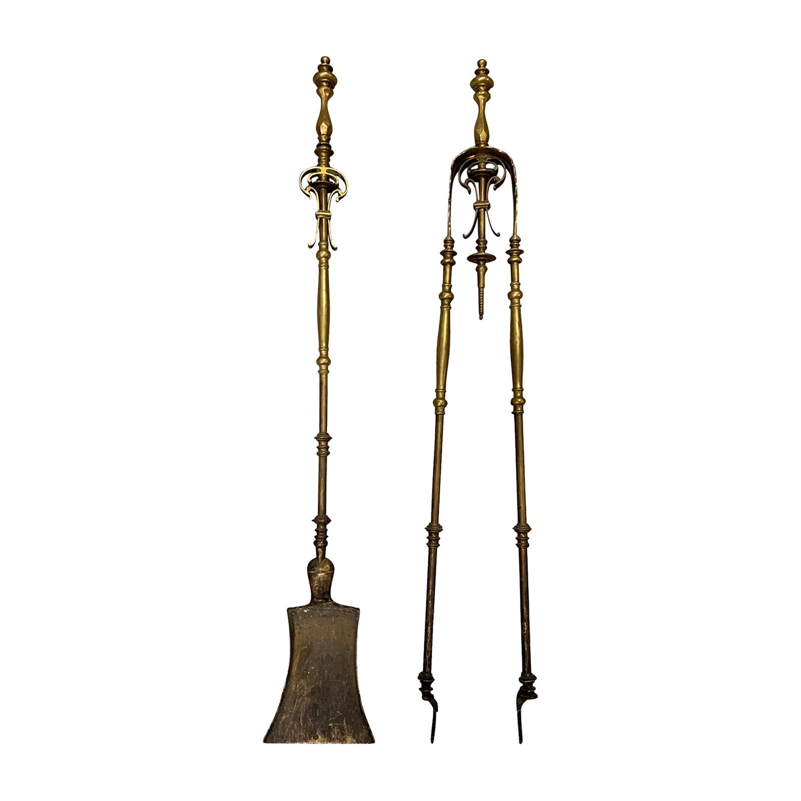 Pair of 19th Century Brass Fire Tools For Sale