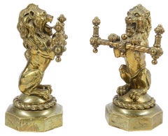 Pair of 19th Century Brass Lion Fire Dogs