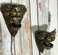 Pair of 19th Century Brass Lion Head Electrified Wall Sconces