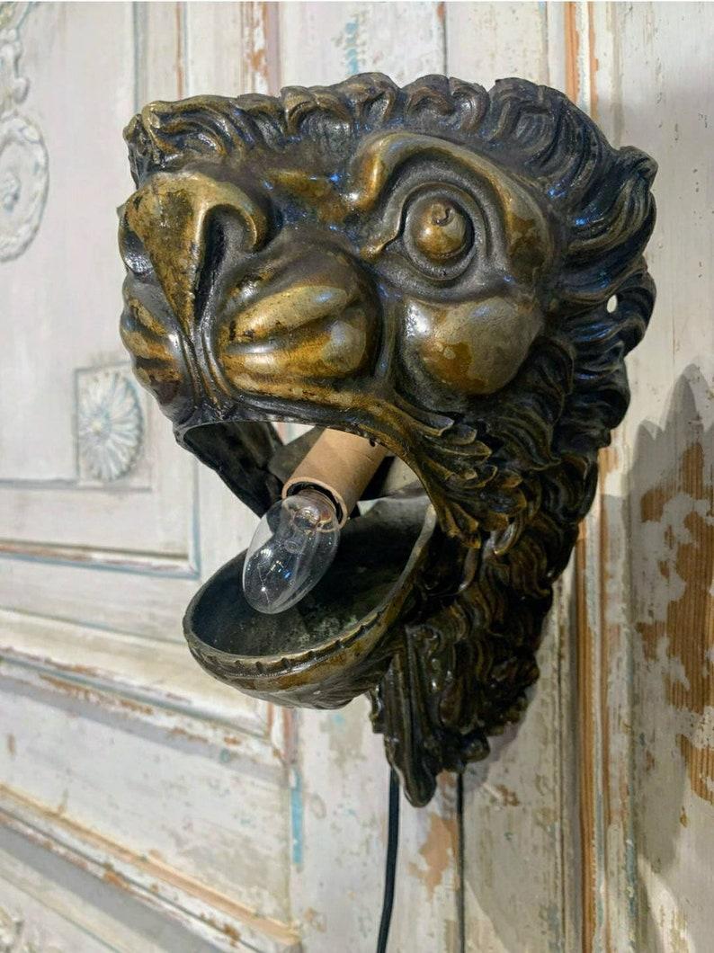 Pair of 19th Century Brass Lion Head Electrified Wall Sconces For Sale 1