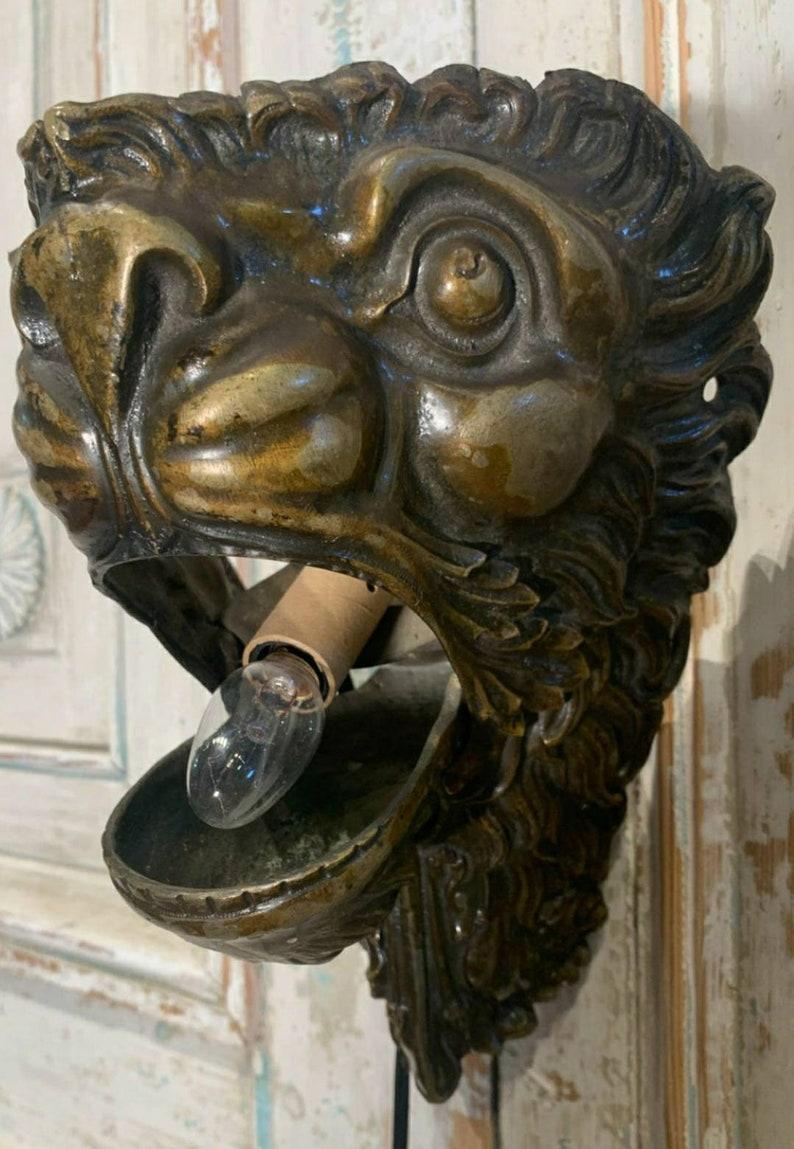 Pair of 19th Century Brass Lion Head Electrified Wall Sconces For Sale 2