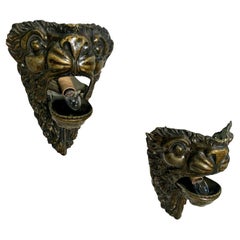 Antique Pair of 19th Century Brass Lion Head Electrified Wall Sconces