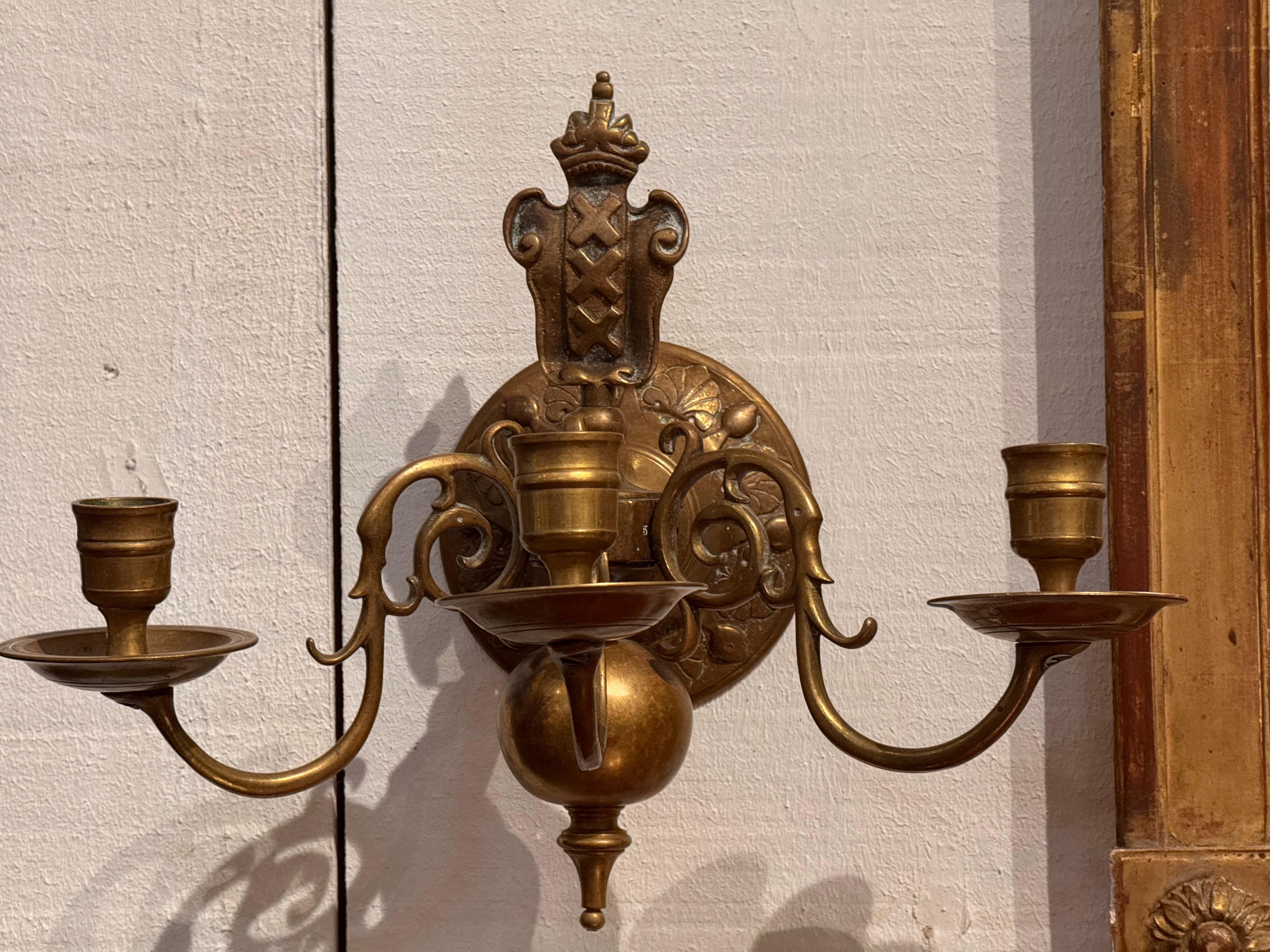 French Pair of 19th Century Brass Three-Arm Wall Sconces For Sale
