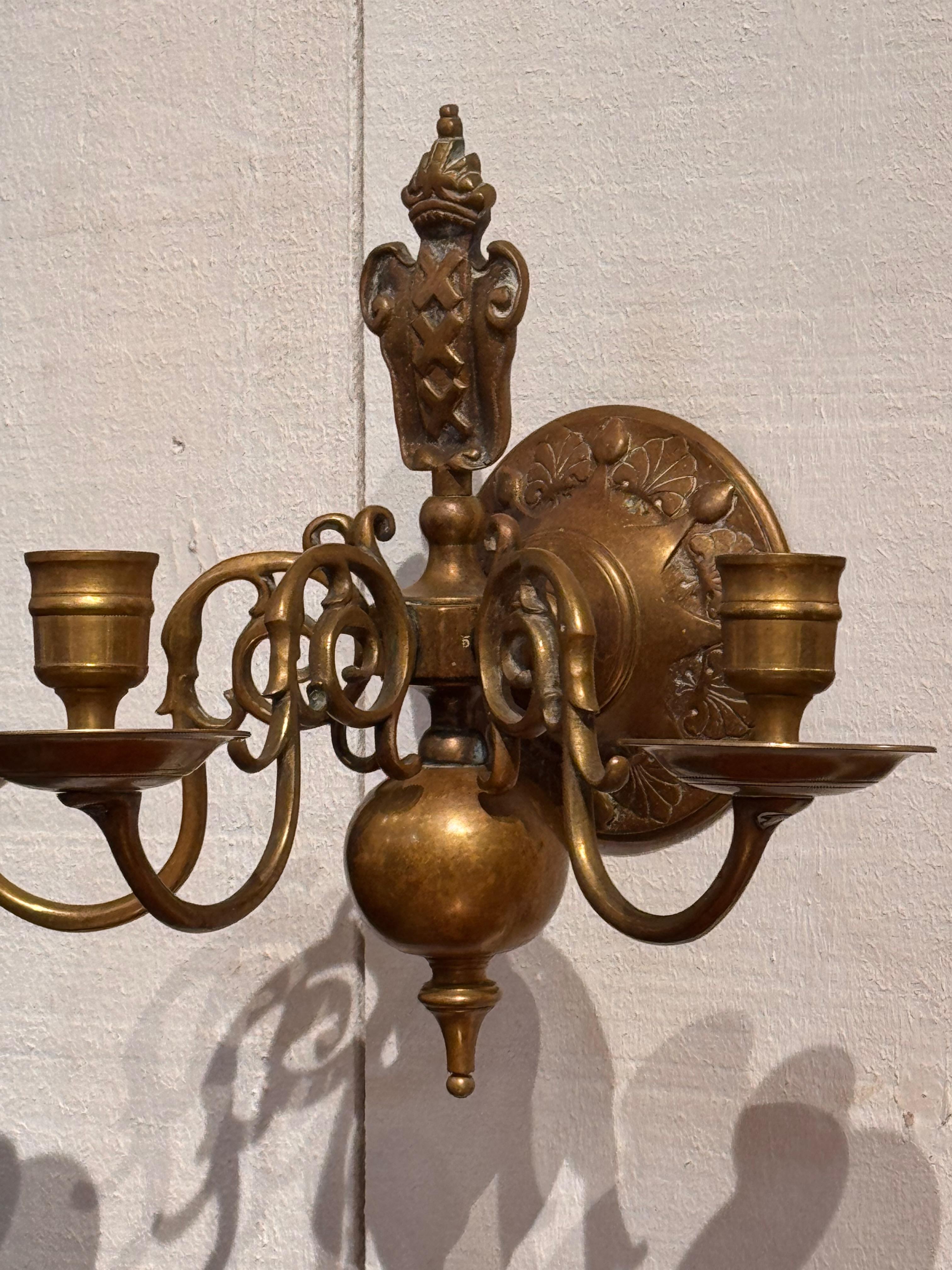 Pair of 19th Century Brass Three-Arm Wall Sconces In Good Condition For Sale In Charlottesville, VA