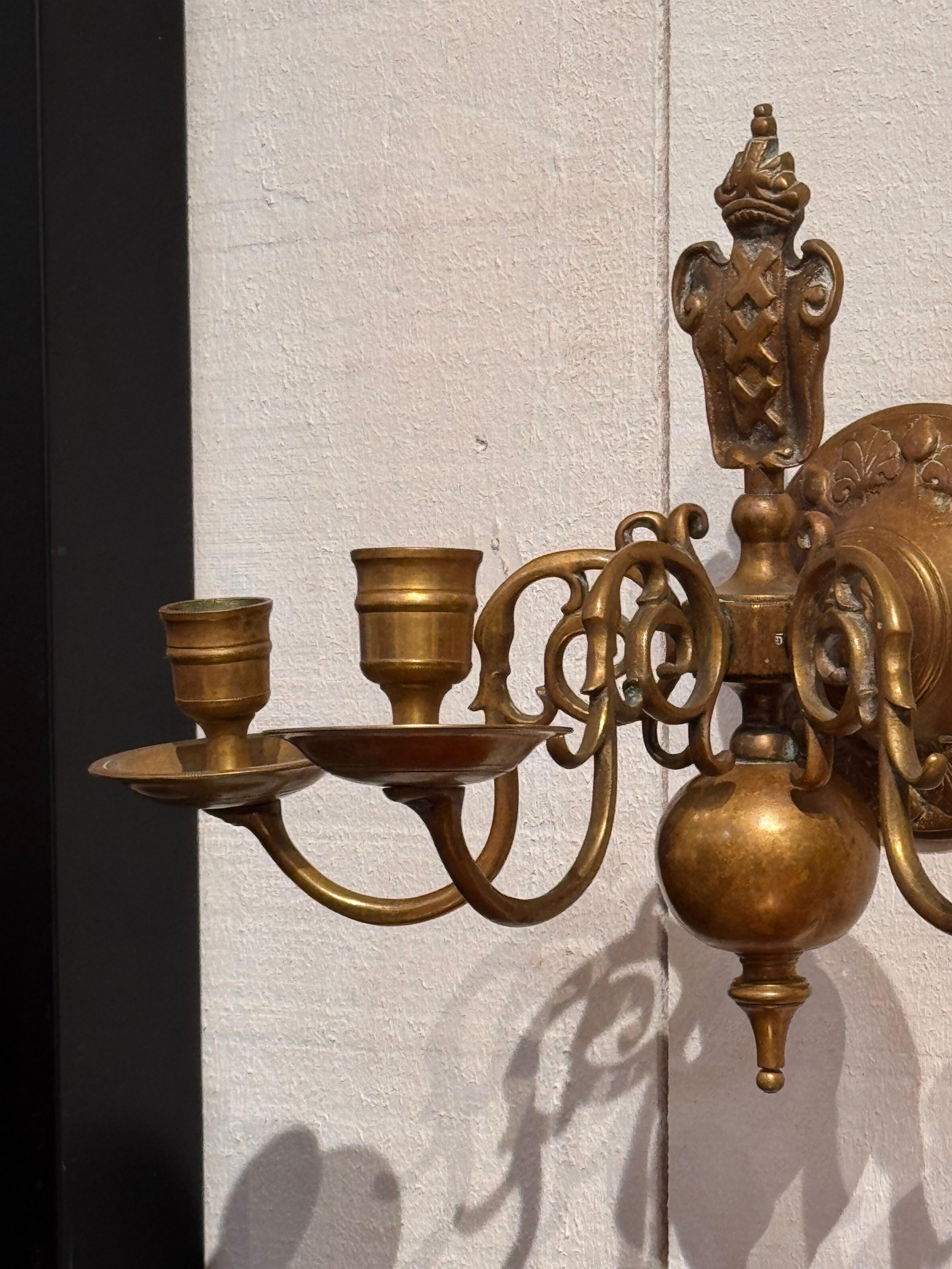 Pair of 19th Century Brass Three-Arm Wall Sconces For Sale 1