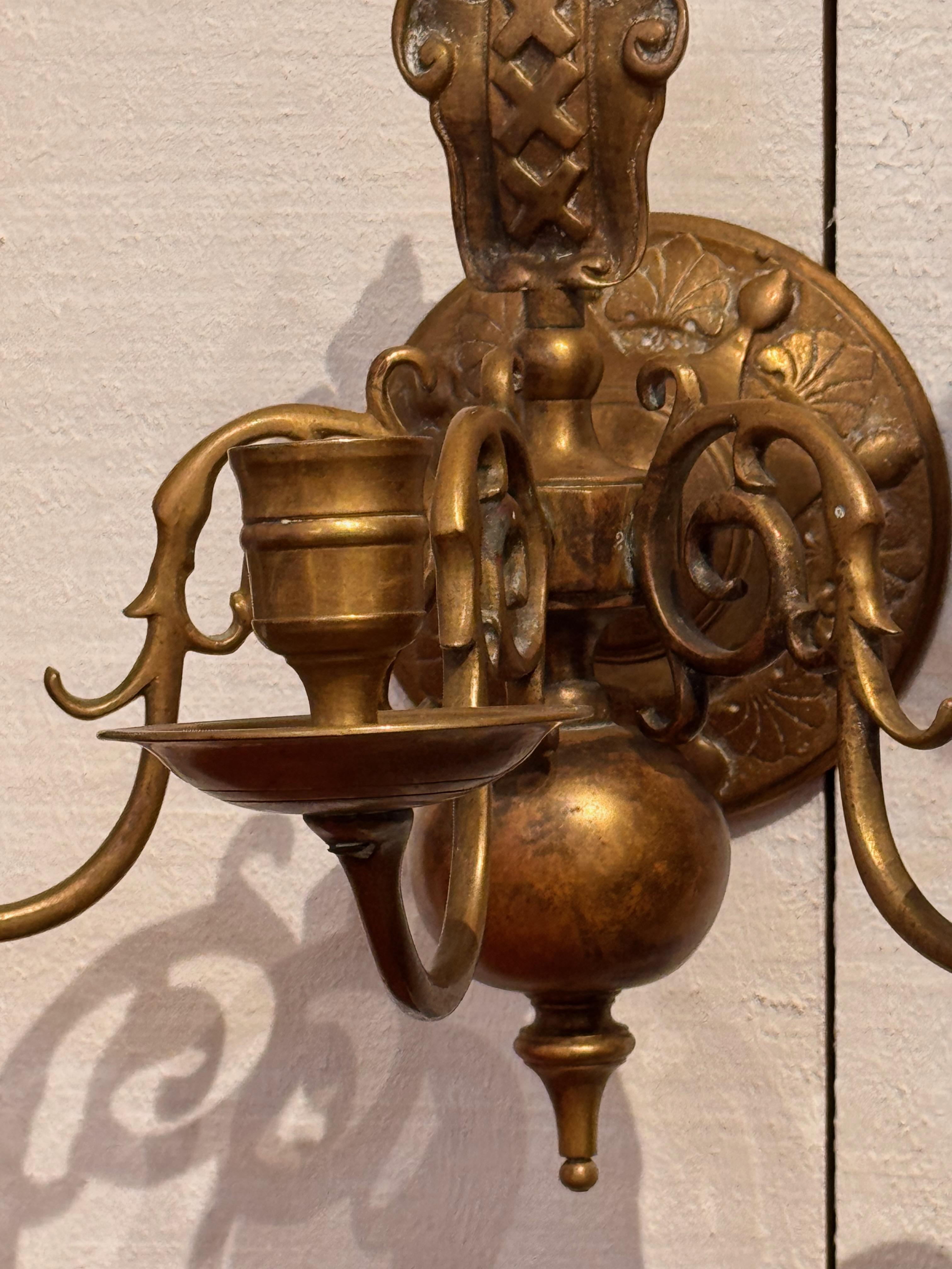 Pair of 19th Century Brass Three-Arm Wall Sconces For Sale 2