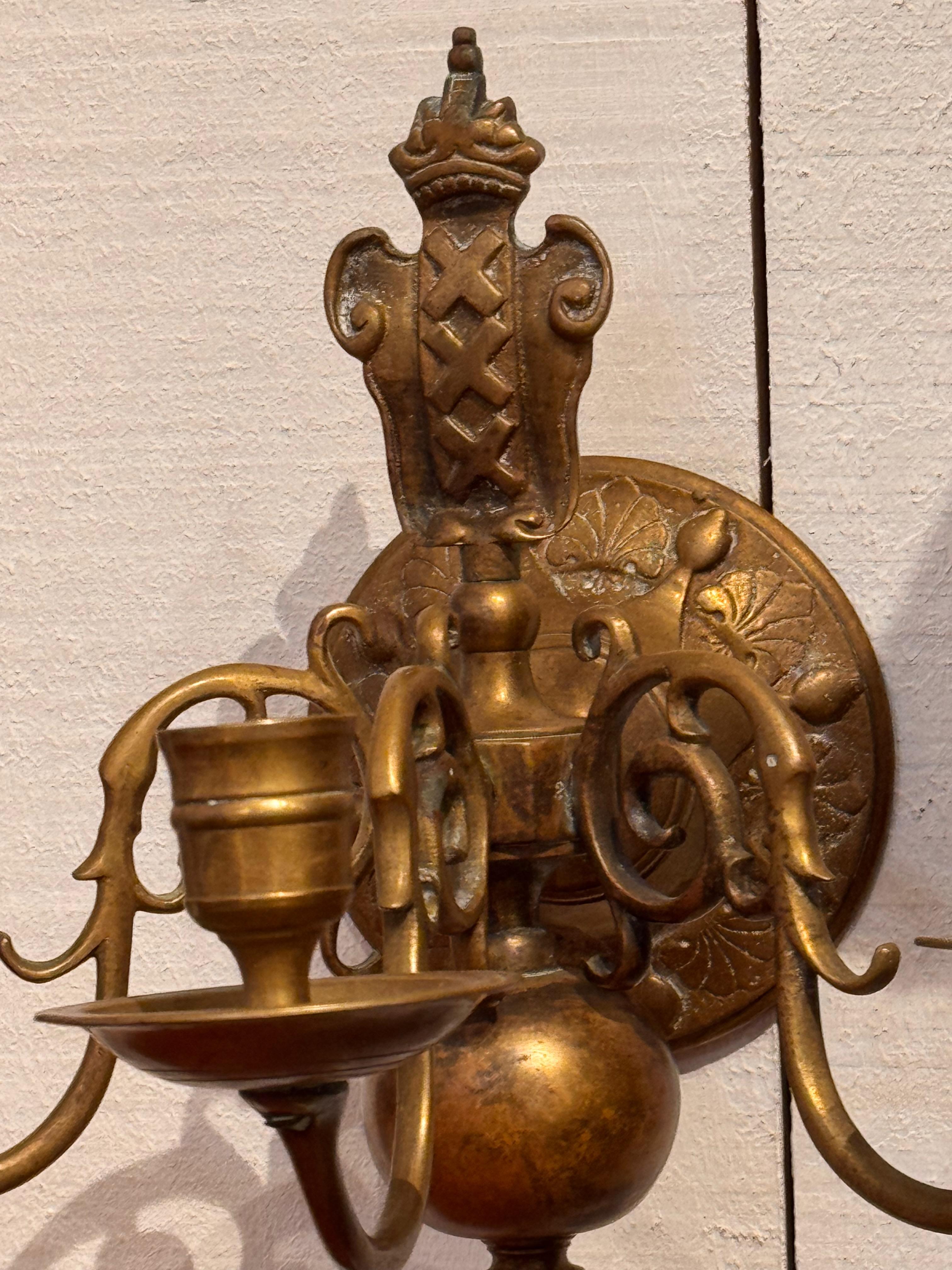 Pair of 19th Century Brass Three-Arm Wall Sconces For Sale 3