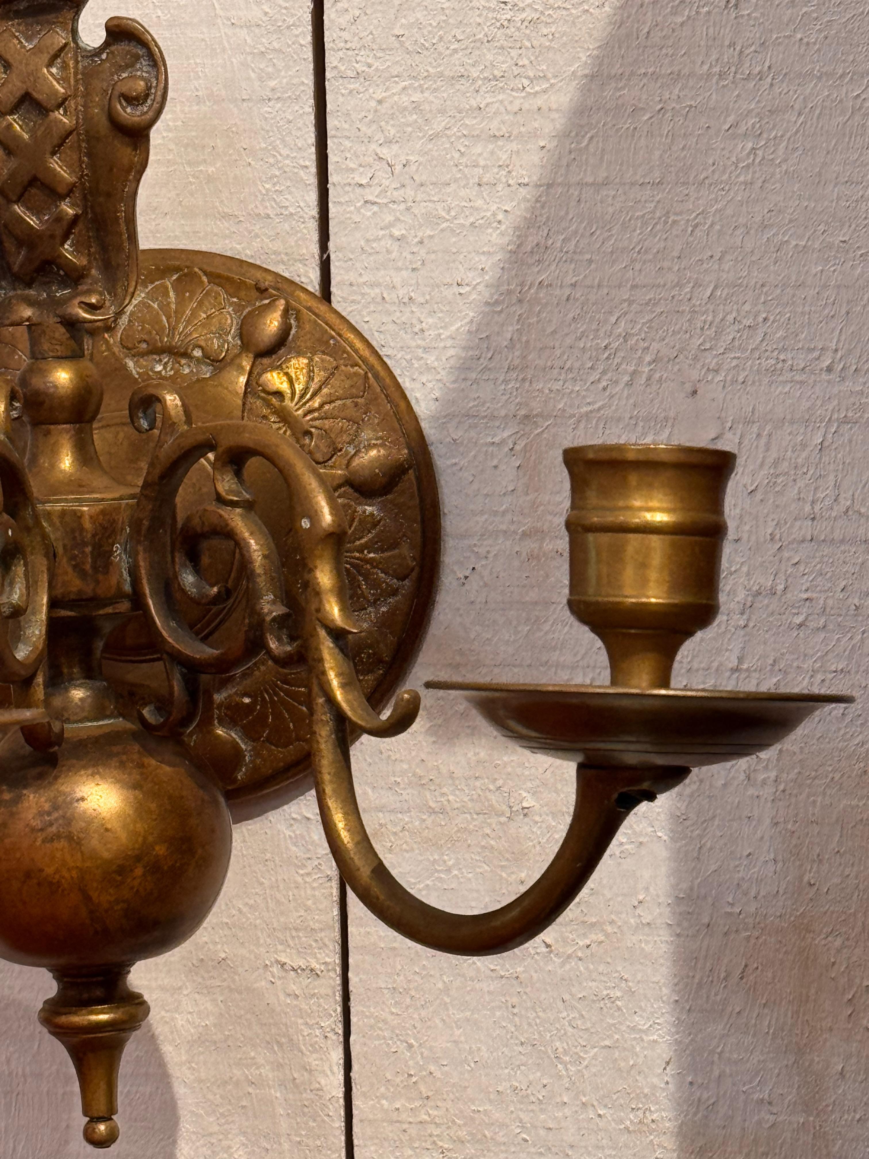Pair of 19th Century Brass Three-Arm Wall Sconces For Sale 4