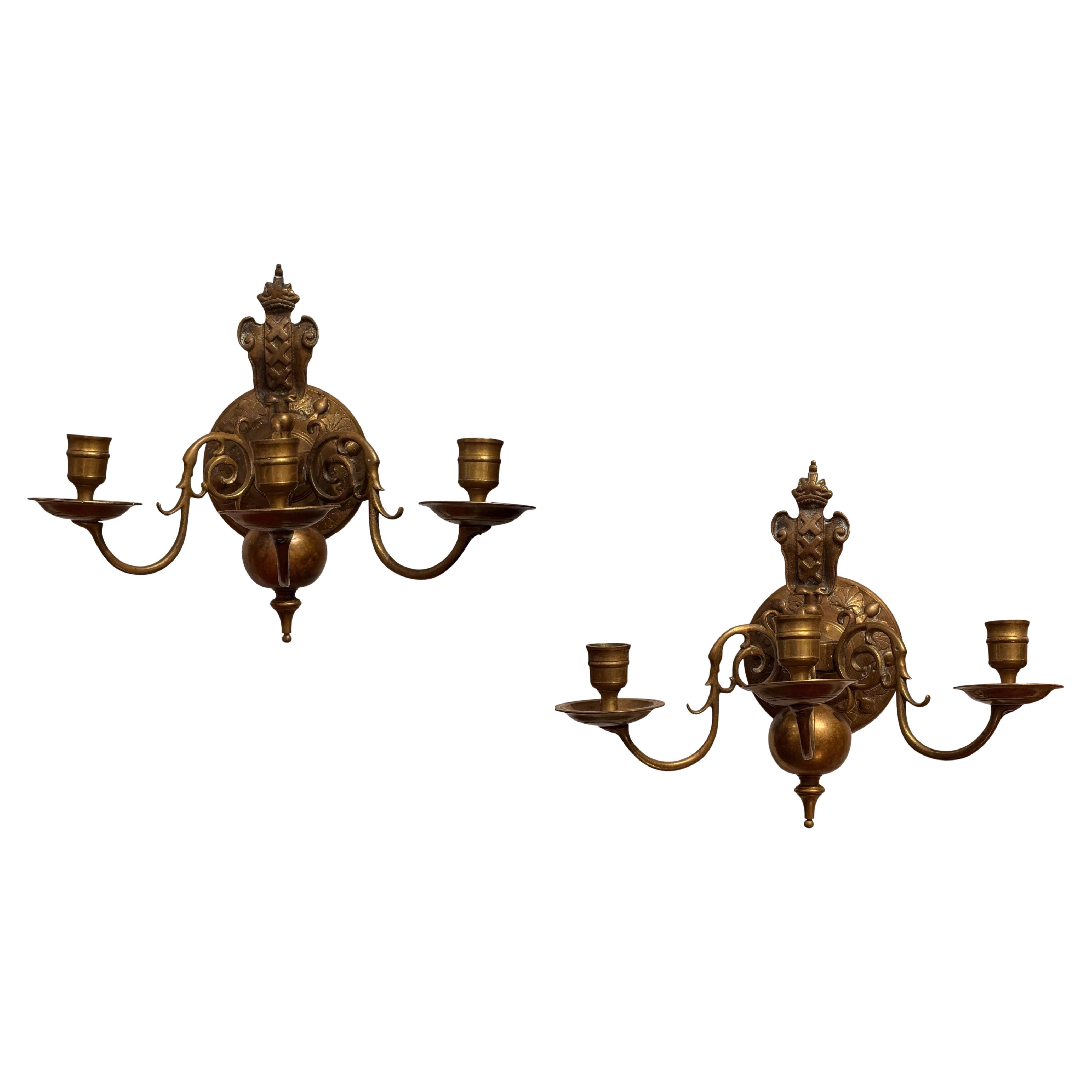 Pair of 19th Century Brass Three-Arm Wall Sconces For Sale