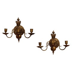 Antique Pair of 19th Century Brass Three-Arm Wall Sconces