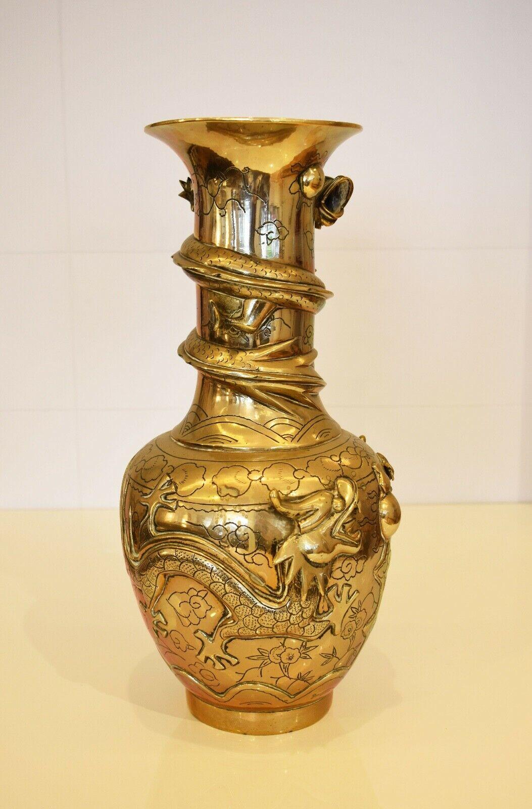 Mid-Century Modern Pair of 19th Century Brass Vases Chinese with Dragon Design