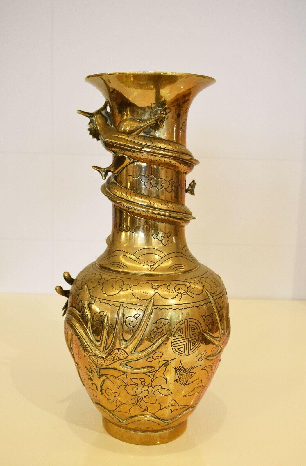 Mid-20th Century Pair of 19th Century Brass Vases Chinese with Dragon Design