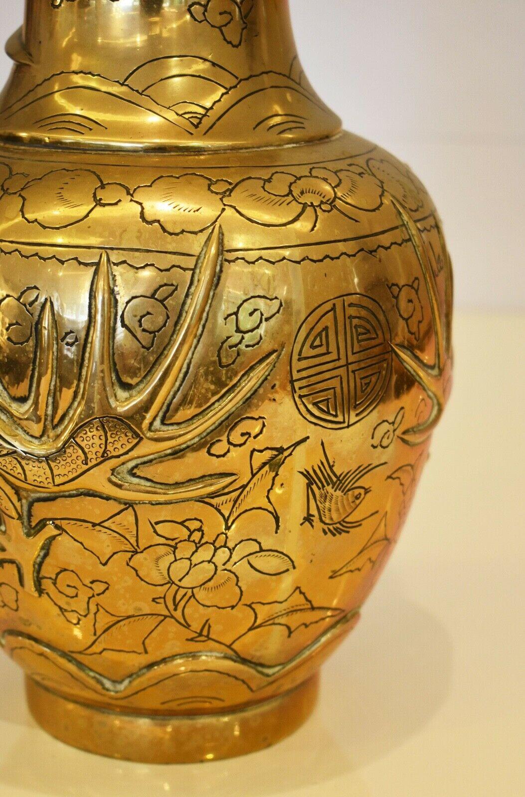 Pair of 19th Century Brass Vases Chinese with Dragon Design 3
