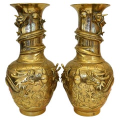 Pair of 19th Century Brass Vases Chinese with Dragon Design