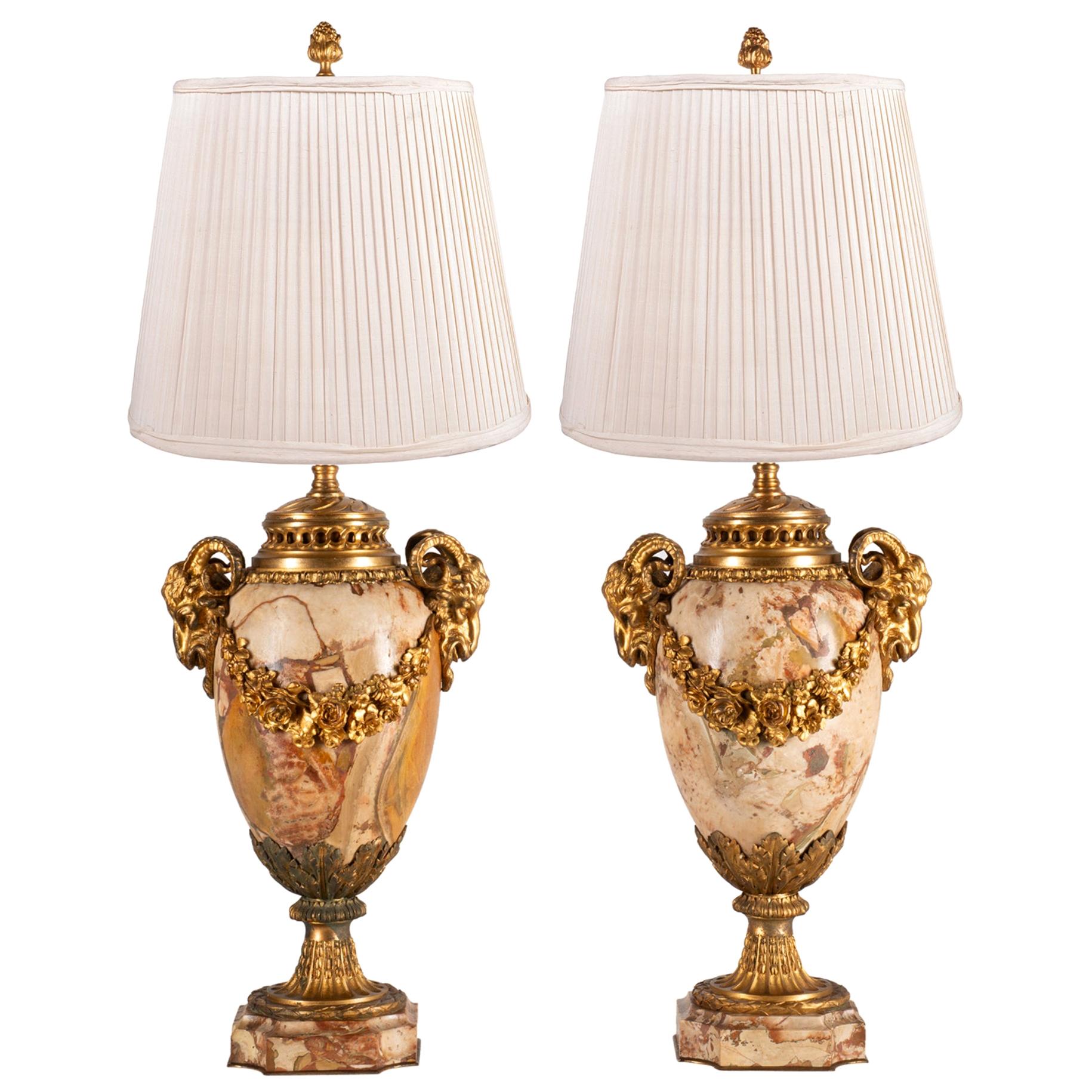 Pair of 19th Century Breccia Marble and Ormolu Urn Vases / Lamps