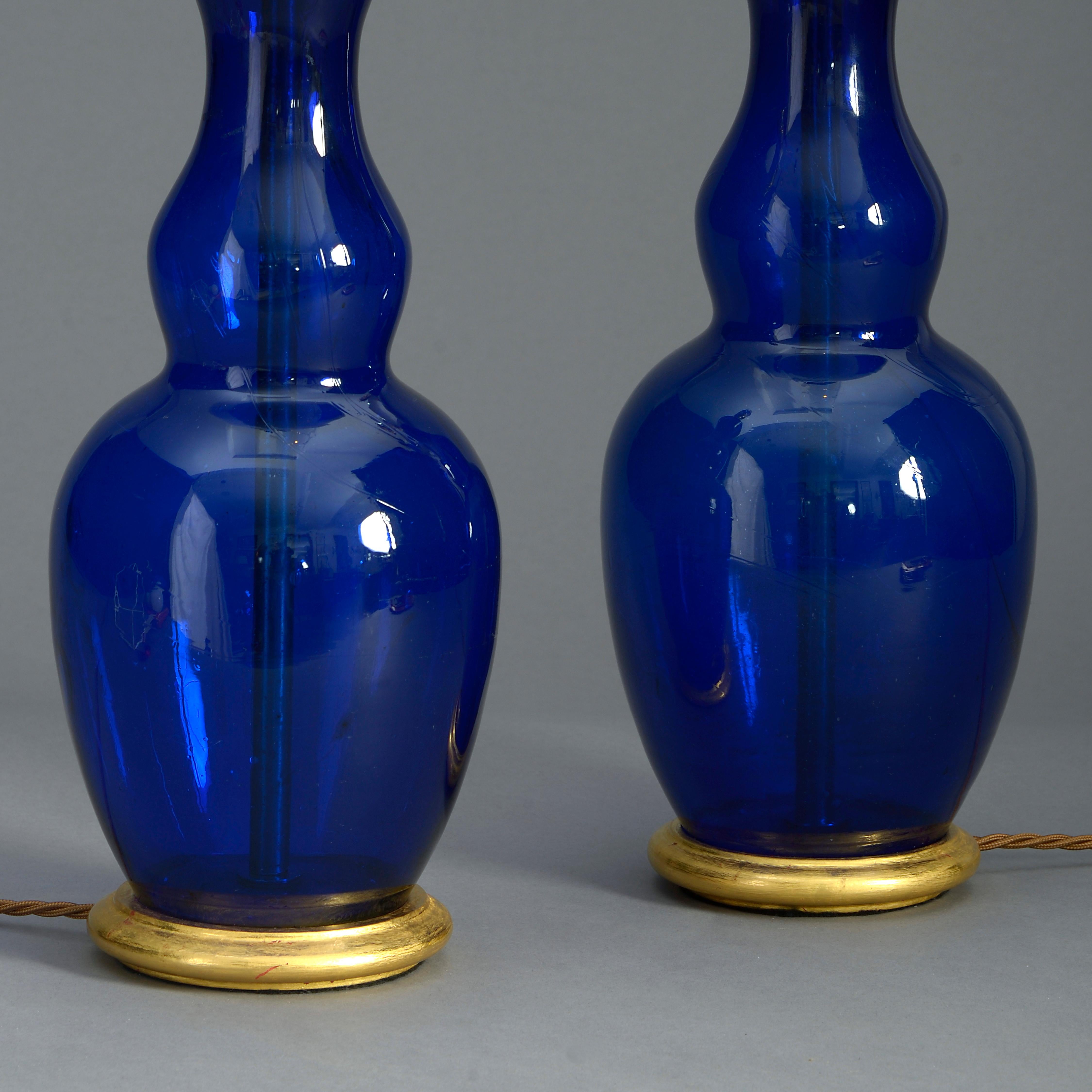 Victorian Pair of 19th Century Bristol Blue Glass Vase Lamps