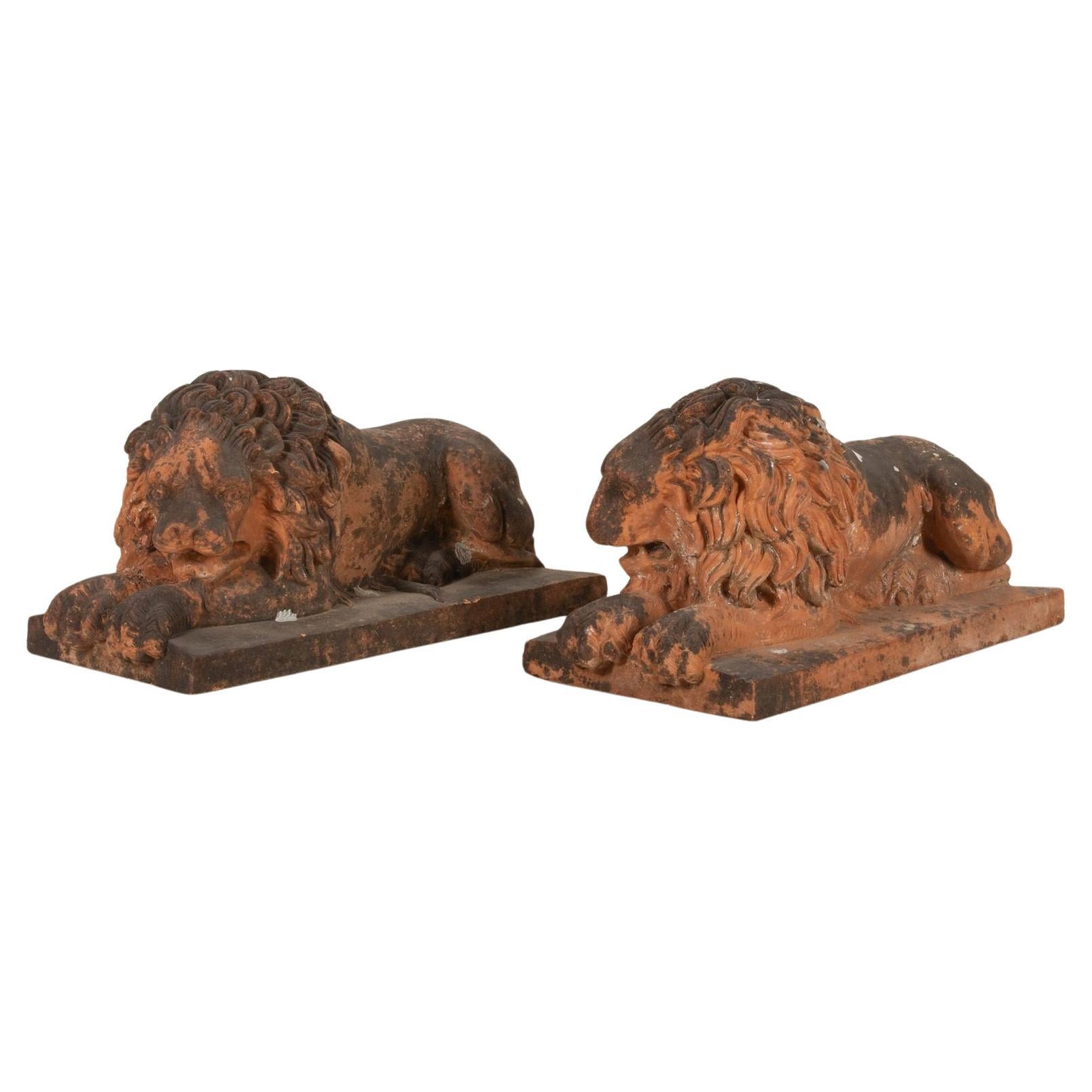 Pair of 19th Century British Recumbent Terracotta Lions