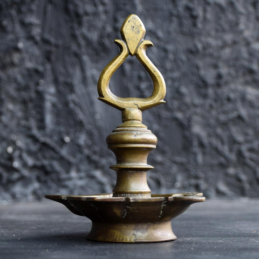 Hand-Crafted Pair of 19th Century Bronze and Brass Stamped Indian Temple Oil Burning Lamps