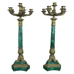 Pair of 19th Century Bronze and Malachite Candelabras